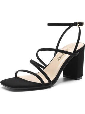 Womens Black Suede Square Toe Sleek Straps Ankle Buckle Chunky Block Heel Sandal